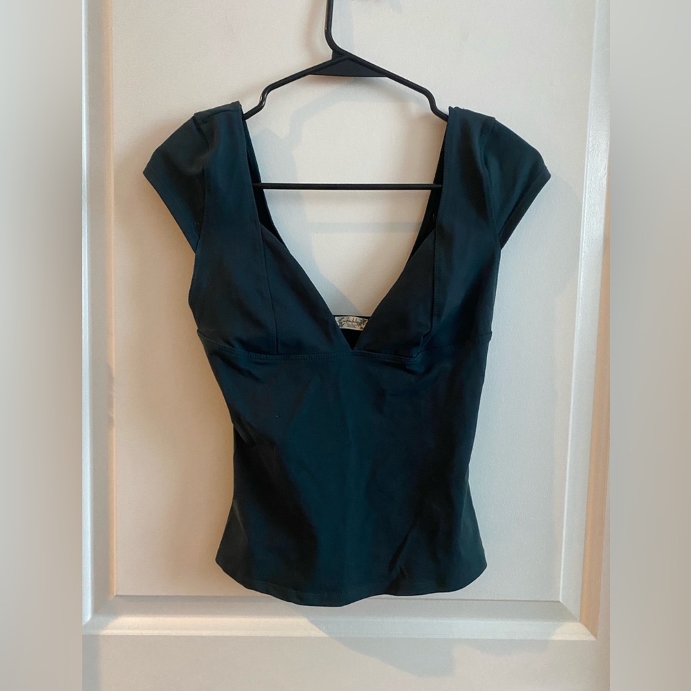 Free People Dark Teal V-Neck Cap Sleeve Blouse